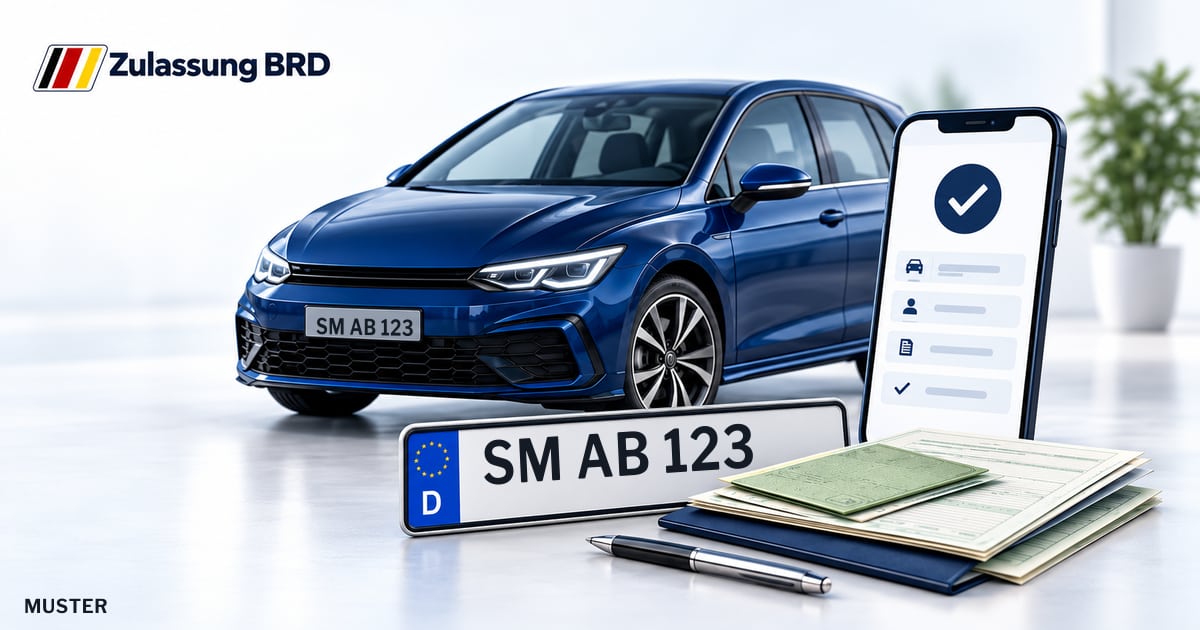 Online Fahrzeugzulassung in Landkreis Schmalkalden-Meiningen: Musterkennzeichen SM AB 123, Auto und Fahrzeugpapiere und Smartphone. Illustration mit Logo von Zulassung BRD.